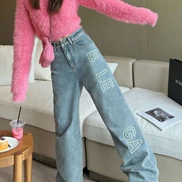 Kadın kot tasarımcı pantolon kadın moda mektubu grafik denim pantolon yüksek bel gevşek yıpranmış düz bacak pantolon