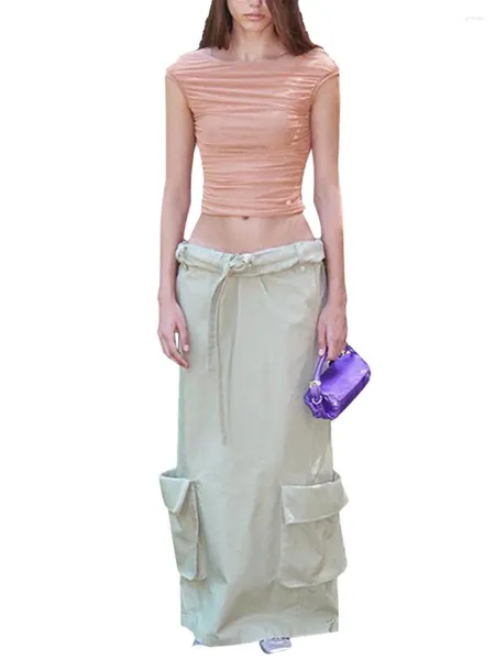 Юбки женские повседневные длинная юбка-карго Y2k в стиле ретро Harajuku на шнурке трапециевидной формы в стиле фея в стиле гранж с карманами