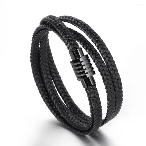 Link pulseiras masculino e feminino de couro autêntico tecer pulseira pulseira multi-strand tecido dupla camada de aço titânio