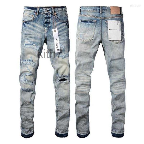 Jeans masculinos marca de luxo homem roxo preto high street pintura graffiti padrão danificado rasgado calças magras calças jeans s2ok