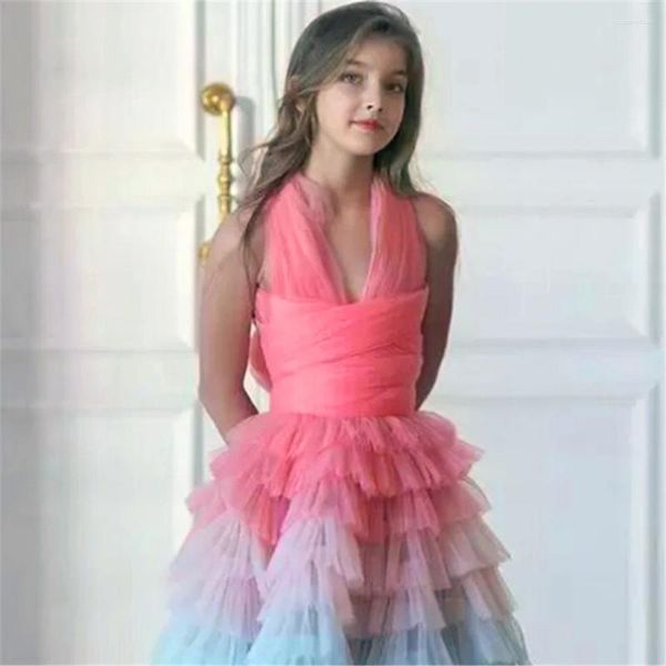 Vestidos de menina princesa bola primeira comunhão elegante gradiente sem mangas tule flor vestido crianças surpresa presente aniversário