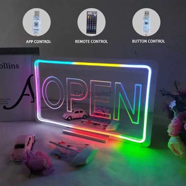 Insegna al neon a LED Insegne al neon aperte colorate per il commercio Luci a led Decorazioni da parete Insegna aperta Specchio al neon Barra di colore regolabile Negozi Lampada decorativa YQ240126