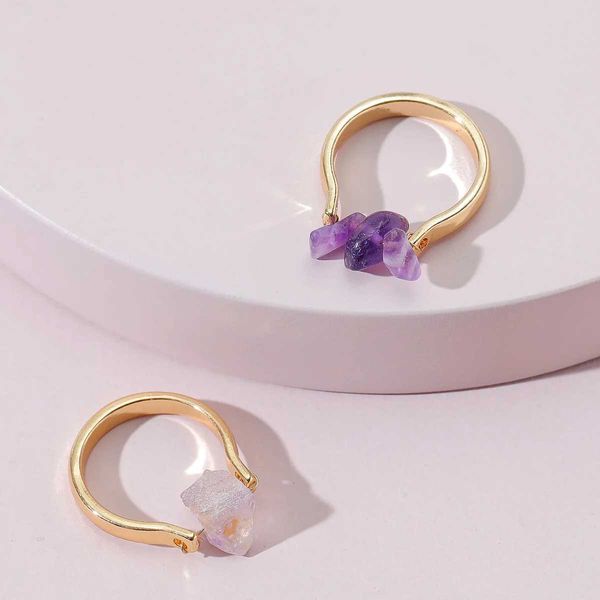 Кольца-группы, модные популярные женские кольца из 2 предметов, фиолетовые кольца из натурального грубого камня, набор 240125