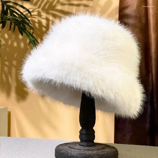 Berets Inverno Faux Fur Bucket Chapéu Engrossado Plus Size Alta Qualidade Quente Feminino Proteção de Orelha Mulheres