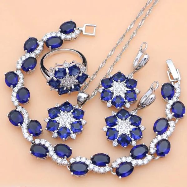 Sets 925 Silber Schmucksets Blauer Zirkonia Geburtsstein Für Frauen Party Ohrringe Geburtstagsgeschenk Für Liebhaber