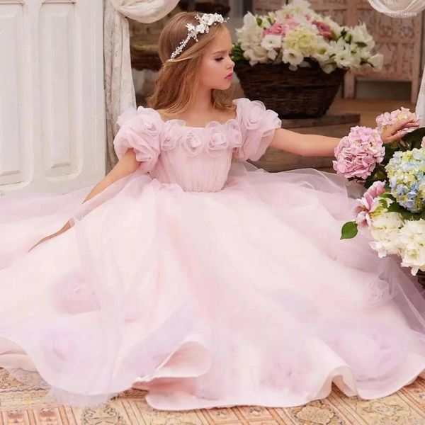 Vestidos da menina elegante vestido de flor para o casamento luz rosa tule 3d applique miçangas fofo até o chão criança primeira comunhão vestidos de baile