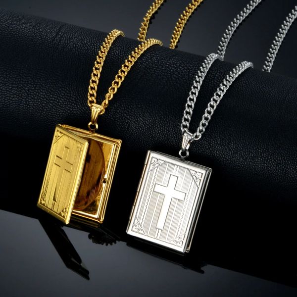 Gioielli di collana di Gesù Cross per uomini Donne 14k Giallo Gold Chain Maschio Photo Locket Crocifisso Crocifisso Ciondolo