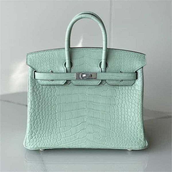 Designer-Handtasche aus Krokodilleder, handgefertigt, 7A Rindsleder, amerikanisch, 25, mattes Mint, reine Handarbeit, 5KJL