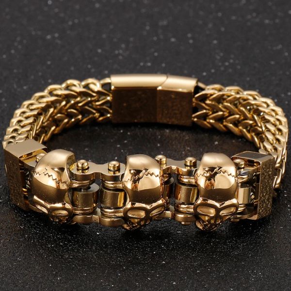 Bracciale da uomo con catena in oro giallo 14k Bracciale con teschio punk gotico con chiusura magnetica Bracciale da uomo con testa di animale