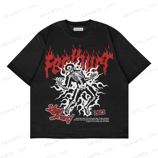 Herren-T-Shirts Neue grafische T-Shirts mit elektrischem Totenkopf-Print, amerikanische Y2K-Oberteile, hochwertige Baumwolle, Ins Harajuku 2023, übergroßes Vintage-T-Shirt T240126