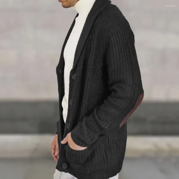 Suéter masculino com design de lapela, cardigã grosso e quente de malha com retalhos de camurça falsa para homens, manga comprida, suéter de comprimento médio