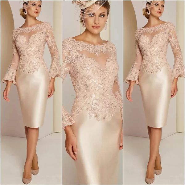 Elegante tubino lunghezza al ginocchio abiti per la madre della sposa maniche lunghe applicazioni in pizzo con perline corto rosa abito da sposa per le donne 2024 sposo mamma abiti da sera formali