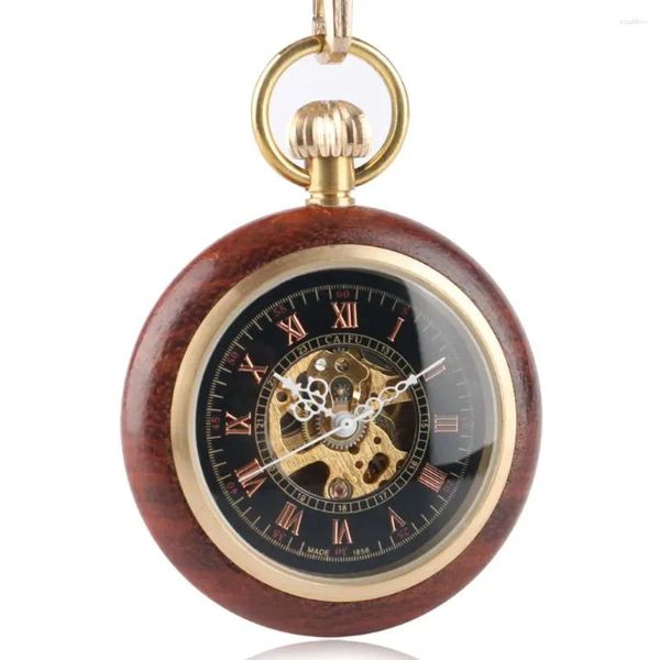 Taschenuhren Vintage Holz mechanische Uhr Handaufzug Skelett Fob mit römischen Ziffern für Männer und Frauen Unisex