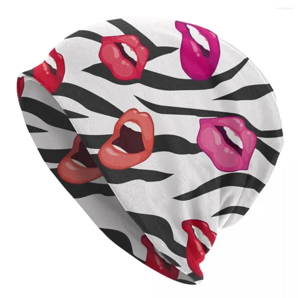 Berets Sexy Lips On Zebra Skullies Beanies Chapéus Casuais Unissex Outdoor Cap Quente Dual-Use Bonnet Chapéu de Malha