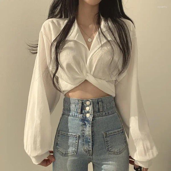 Camicette da donna Deeptown Vintage Harajuku Camicetta da donna sexy Bianca Streetwear Crop Top Tendenze stile coreano Camicia a maniche lunghe nera Donna