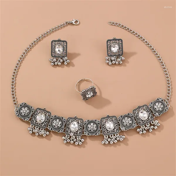 Halskette Ohrringe Set Vintage Gypsy Geometrisch Geschnitzte Blumen Halsketten Ringe Für Frauen Bohemian Tribal Party