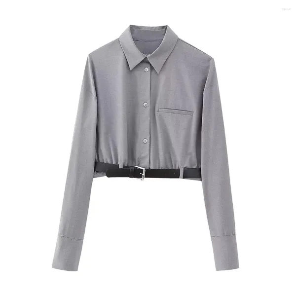 Blusas femininas camisas cortadas 2024 moda blusa cinza feminina vintage mangas compridas camisa superior senhoras elegante cinto de metal bainha