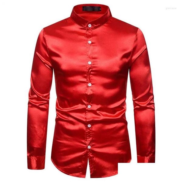 Camicie casual da uomo Camicie casual da uomo Abito in raso di seta rosso con colletto alla coreana Camicia da smoking slim fit da uomo Festa di nozze Prom Maschio Dr Otn94