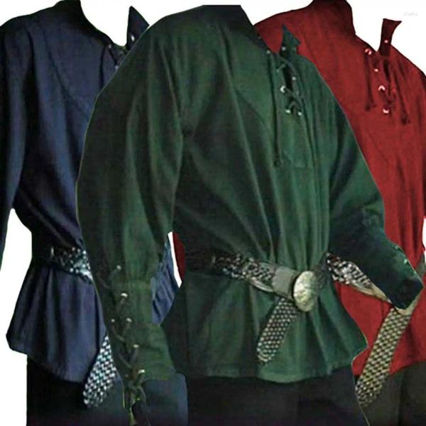 Camicie eleganti da uomo Camicia medievale rinascimentale a maniche lunghe Fasciatura Top casual Costume cosplay vintage da cavaliere padrone di casa di Halloween - N