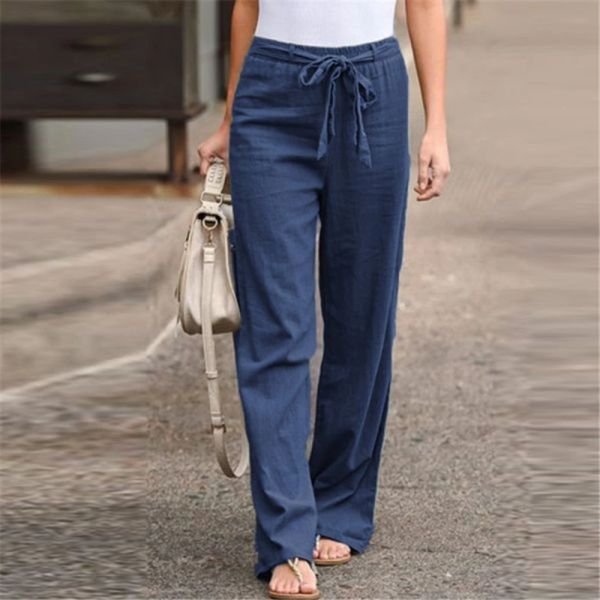 Kadınlar pamuk keten pantolon 2024 yaz moda elastik bel gevşek düz pantolon kadın gündelik düz renk ayak bileği uzunluk pantolon