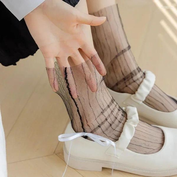 Chaussettes en maille et dentelle ajourées pour femmes, Ultra-fines, transparentes, amples et longues, JK Lolita Girl, Bandage, nœud papillon, Kawaii, été