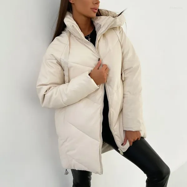 Piumino da donna XMAX Moda Inverno Spesso con cappuccio PU Parka Donna Elegante Cappotti larghi di media lunghezza Solido Ecopelle Giacche di cotone Donna