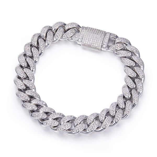 Pronto para enviar atacado 12 mm Moissanite Sier Pulseira cubana para homens banhados a platina Iced Out Chain Hip Hop Gift