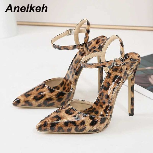 Sandalen Aneikeh 2024 Neue Sexy Spitze Zehen Leopardenmuster Pumps Dünne High Heel Gladiator Knöchel Schnalle Riemen Party Kleid Schuhe Braun 35-42 J240126