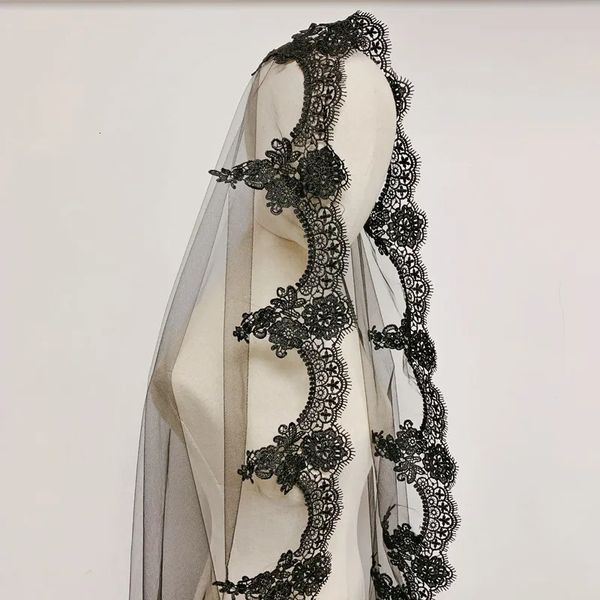 Bir katman dantel kenarı siyah gelin perdesi 1.5*1.5 m uzunluğunda düğün aksesuarları kadın cosplay 240123