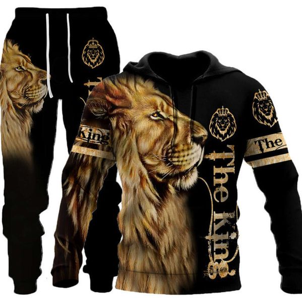 Leão e tigre 3d digital impresso casual suéter com capuz primavera outono conjunto masculino roupas de marca de moda 43656