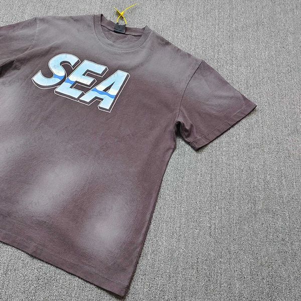Erkek Tişörtleri Yaz Açık Moda Sokak Giyim Saint Michael Wind ve Sea Vintage Crackle Baskı Retro T-Shirt Tee Tips Erkekler T240126