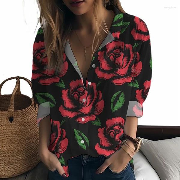 Camicette da donna Camicia da donna primaverile e autunnale Tendenza moda Fiore rosa Stampato in 3D Bellissimo stile