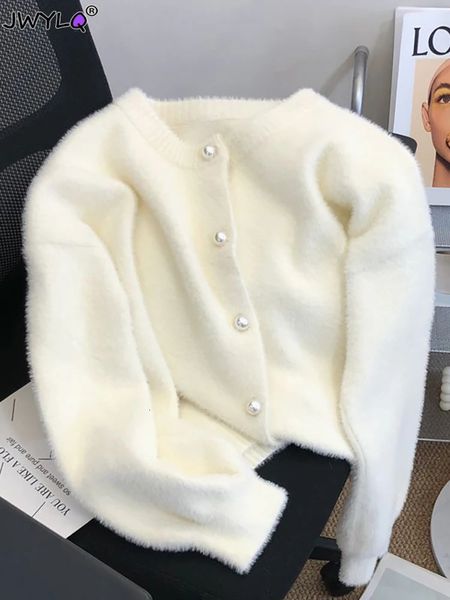 Nachahmung Nerz Oansatz Kurze Tops Strickjacke Frauen Koreanische einreiher Weiche Perle Tasten Pullover Beiläufige Dünne Einfarbig Mäntel 240122