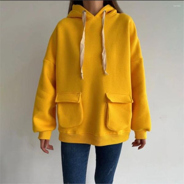 Hoodies femininos soltos cor sólida casual manga comprida bolso retalhos topo moletom com capuz para mulher sportwear amarelo topos