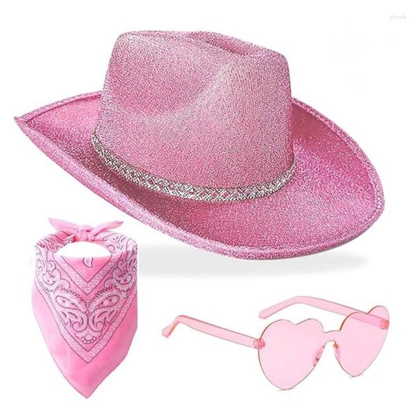 Berets für Erwachsene Glitzer Cowboy Hut Sonnenbrille Schal Thema Party Kostüm Stage Requisiten Outfit