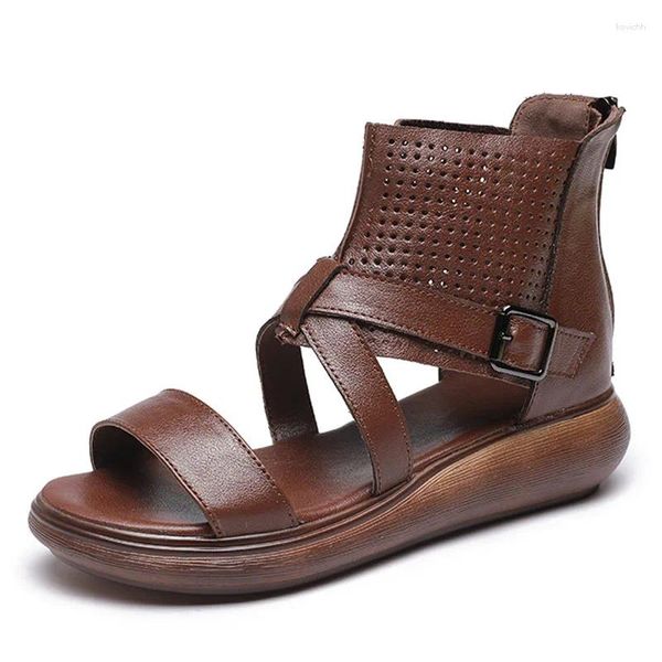 Sandálias femininas cunhas de couro genuíno 2024 verão aberto dedo do pé romano senhoras sapatos volta zíper plataforma gladiador