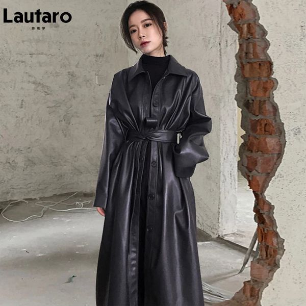 Lautaro outono longo preto legal couro do plutônio trench coat para mulheres cinto único breasted solto moda coreana roupas por atacado 240119