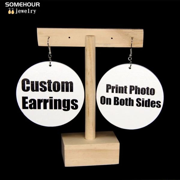 Charm Somehour Großhandel maßgeschneiderte Ohrringe aus Holz, baumelnd, beidseitig bedruckt, personalisierte Fotos, Anhänger, Schmuck für Frauen, Geschenk