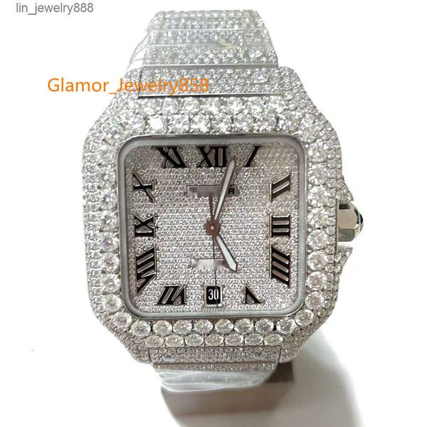 Relógio masculino mecânico de diamantes pulseira de aço inoxidável à prova d'água com moldura de mesa quadrada para homens joias mecânicas requintadas embalagem de caixa de relógio