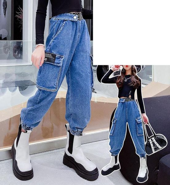 Jeans çocuklar kızlar hip hop dans eşofmanları bahar sonbahar denim kargo pantolonları için çocuklar için dışarıya çıkışlı genç kız giyim 9844551