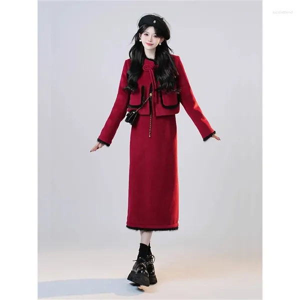 Saias 2 peça conjunto 2024 inverno outono roupas femininas preto pele patchowrk vermelho saia de lã mulher vintage magro conjuntos de lã