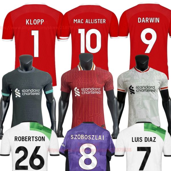 KLOPP SZOBOSZLAI Jerseys de futebol 23 24 ALLISTER Top Thai Quality Home Red Away Roxo Kit de Futebol Camisas 3XL 4XL Fan Player Versão Homens Crianças Uniforme