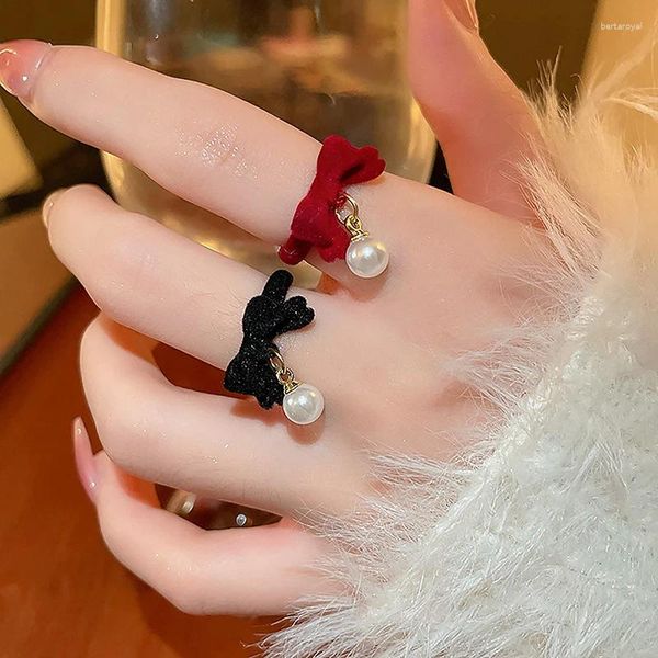 Кольца кластера, зимнее флокирование, дизайн с жемчужным бантом, женская мода, изысканное кольцо на палец с открытием, рождественские украшения, аксессуары