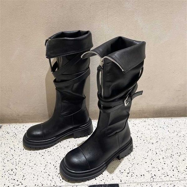 Botas para mulheres primavera e outono novo sobre o joelho longo mulheres martin fivela de cinto sola grossa motocicleta piloto de manga alta moda 230830