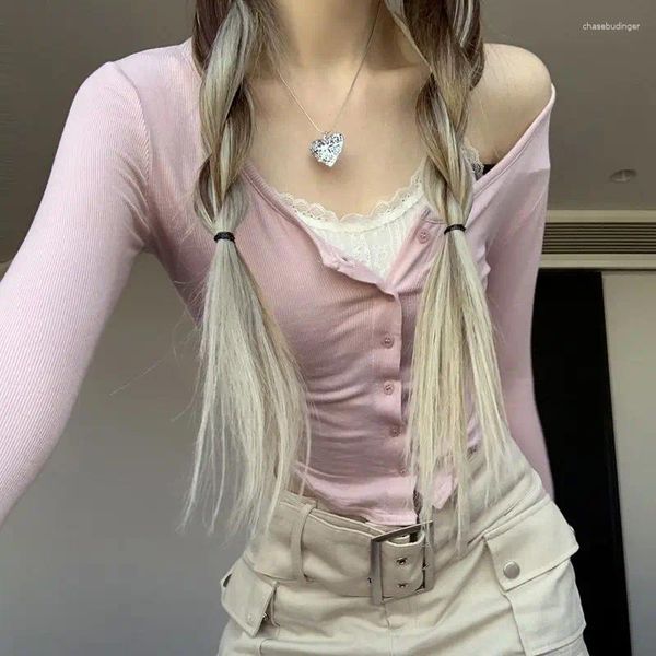 Женские футболки Y2K, милый милый укороченный топ, женский весенний кружевной пуловер, розовые футболки с длинными рукавами, тонкая рубашка, модная шикарная одежда в корейском стиле