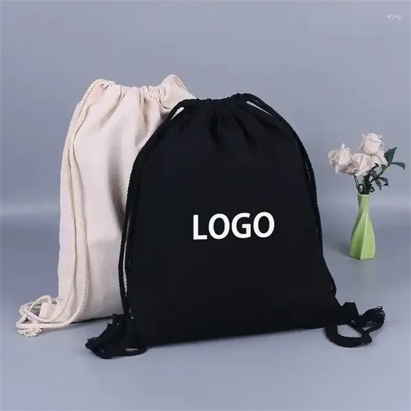 Einkaufstaschen 100 teile/los Großhandel Anpassen Druck Leere Baumwolle Leinwand Wiederverwendbare Und Langlebige Kordelzug Rucksack Tasche Für Studenten