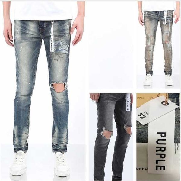 Jeans da uomo alla moda di marca viola, designer di stile cool, strappati per fare la vecchia motocicletta strappata, nero blu, sottile per minimalista