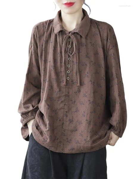 Damenblusen QPFJQD 2024 Herbst Frühling Lose Damen Retro Blumendruck Casual Tops Frauen Vintage Harajuku Luxus Chiffon Shirts