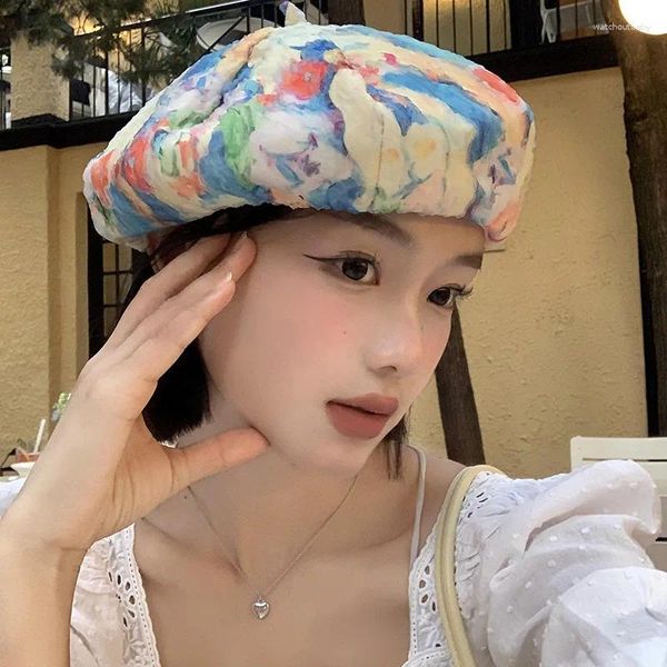 Berets Tie Dye Floral Francês Designer Silk Artist Hat para Mulheres Primavera Outono Vintage Meninas Pintor Chapéus Beret Femme Cap 2024