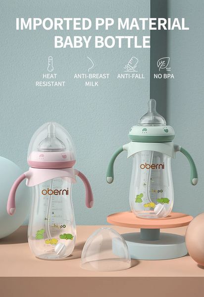 Oberni PP-Material 270 ml 330 ml Kombination Babymilchflasche Werbeprodukt Tragbare Anti-Kolik-Fütterung mit Silikonnippel 240125